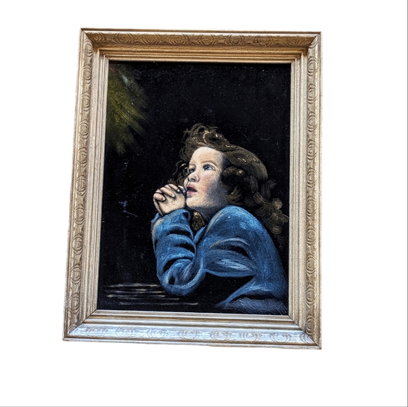 Vintage Acrylic Painting On Velvet Canvas Girl Praying 15x19 - Picture 1 of 6